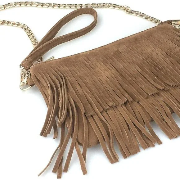 Fringe Cross Body Bag Faux Leather Suede Small Shoulder Wristlet - Picture 5 of 7